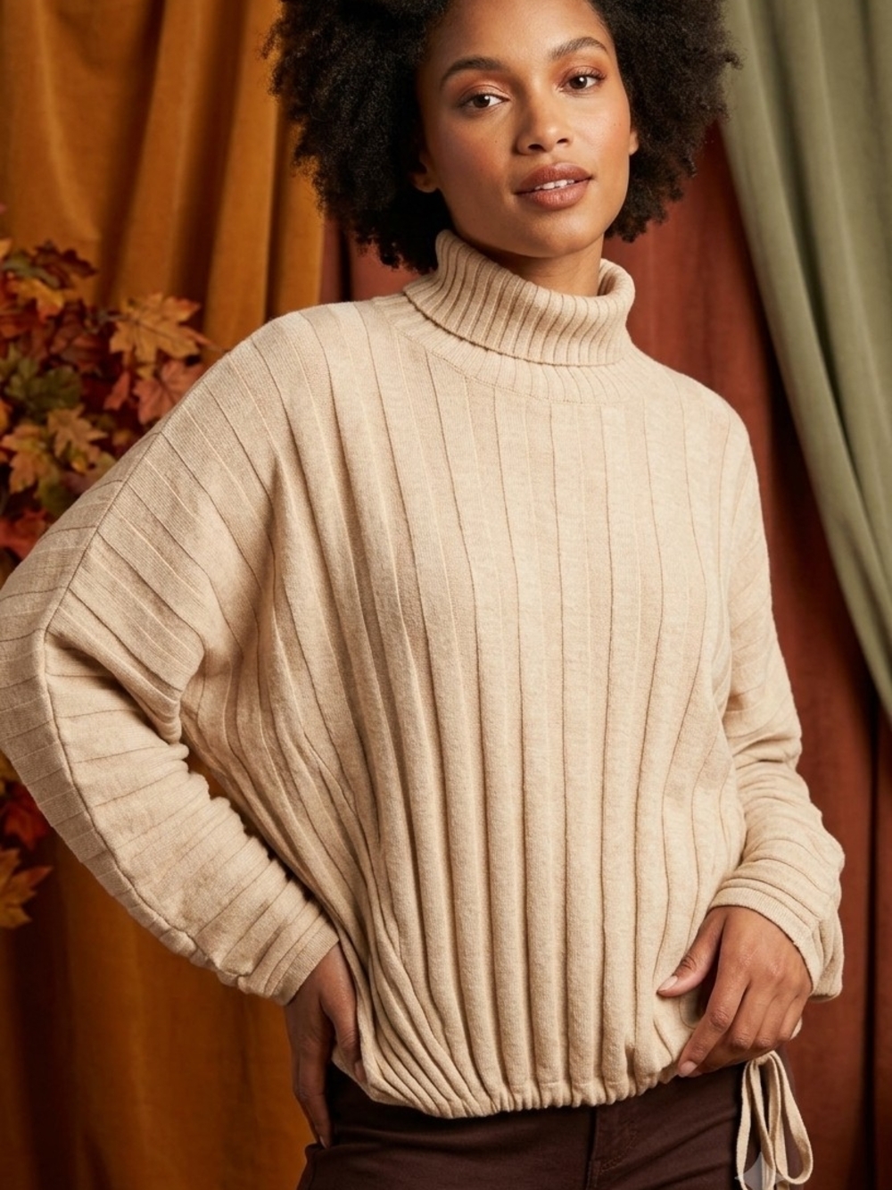 ​Karisma Casual Loose Fit Ribbed Turtleneck Sweater with Cinch Waist . Size S